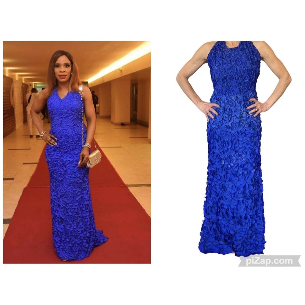 THEIA‎ Halter Neck Long Dress Evening Gown Cobalt Blue  Petal Flower Beaded 4
